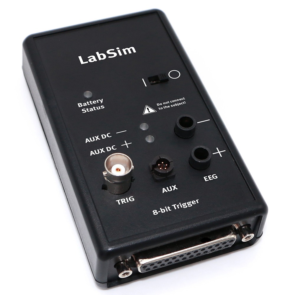 Close-up of the LabSim device, an 8-bit trigger signal generator used for simulating physiological signals in EEG/ERP research systems. The unit features ports labeled AUX DC, TRIG, AUX, EEG, and a power switch, along with a warning indicating it should not be connected to human subjects
