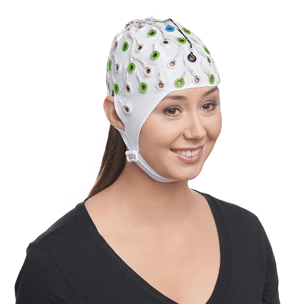 Partial side view of the P BrainCap MR worn by a person