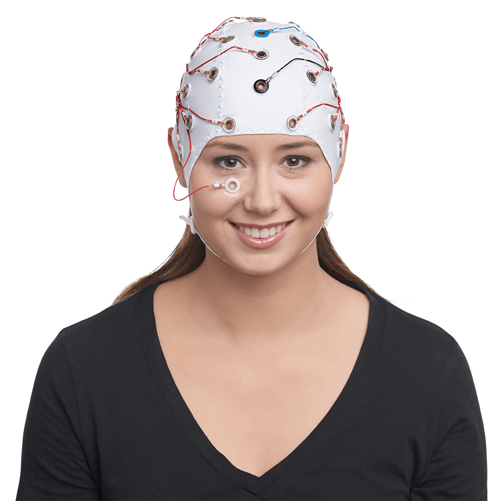 Frontal view of the P BrainCap worn by a person