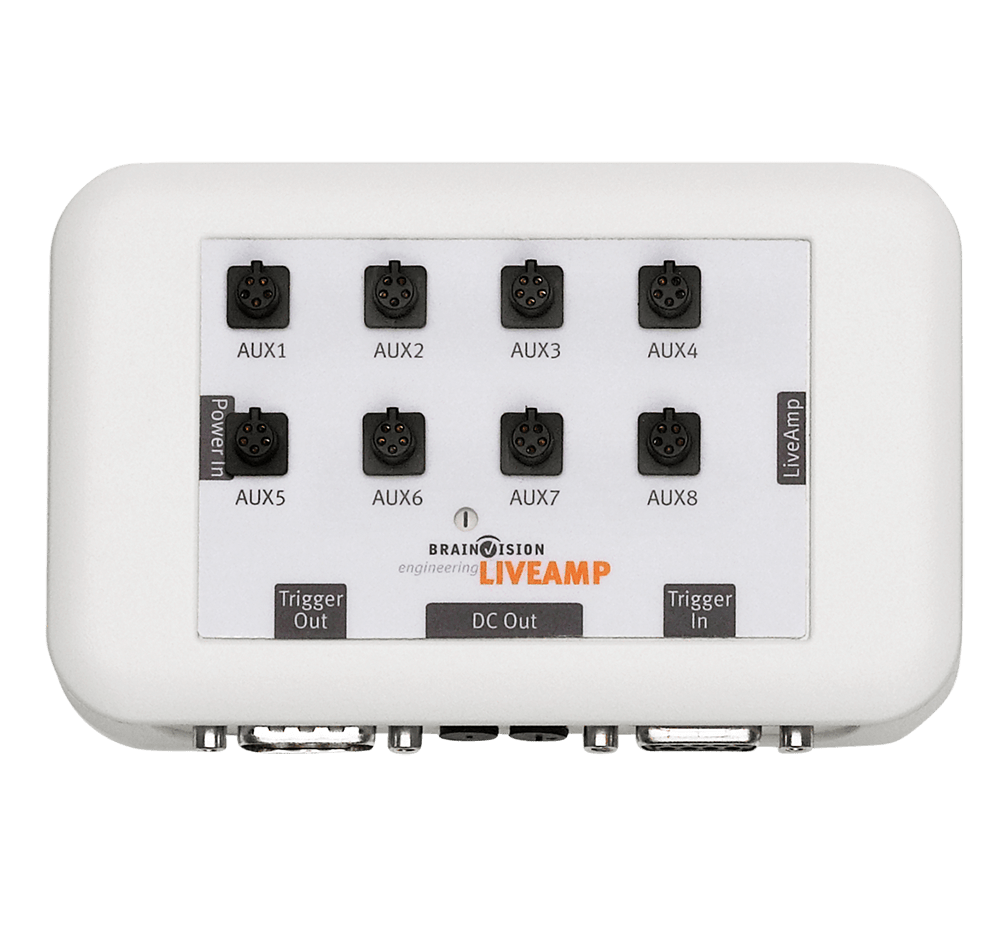 Top-down view of the Brain Vision LiveAmp Sensor and Trigger Extension (STE) module. The device features eight labeled AUX input ports, Trigger In and Out ports, DC Out, and Power In connections, all housed in a compact white rectangular unit