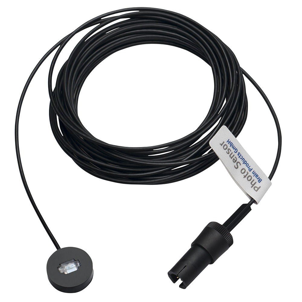 Black photo sensor cable from Brain Products, featuring a circular sensor head with transparent window and a long coiled cord ending in a connector