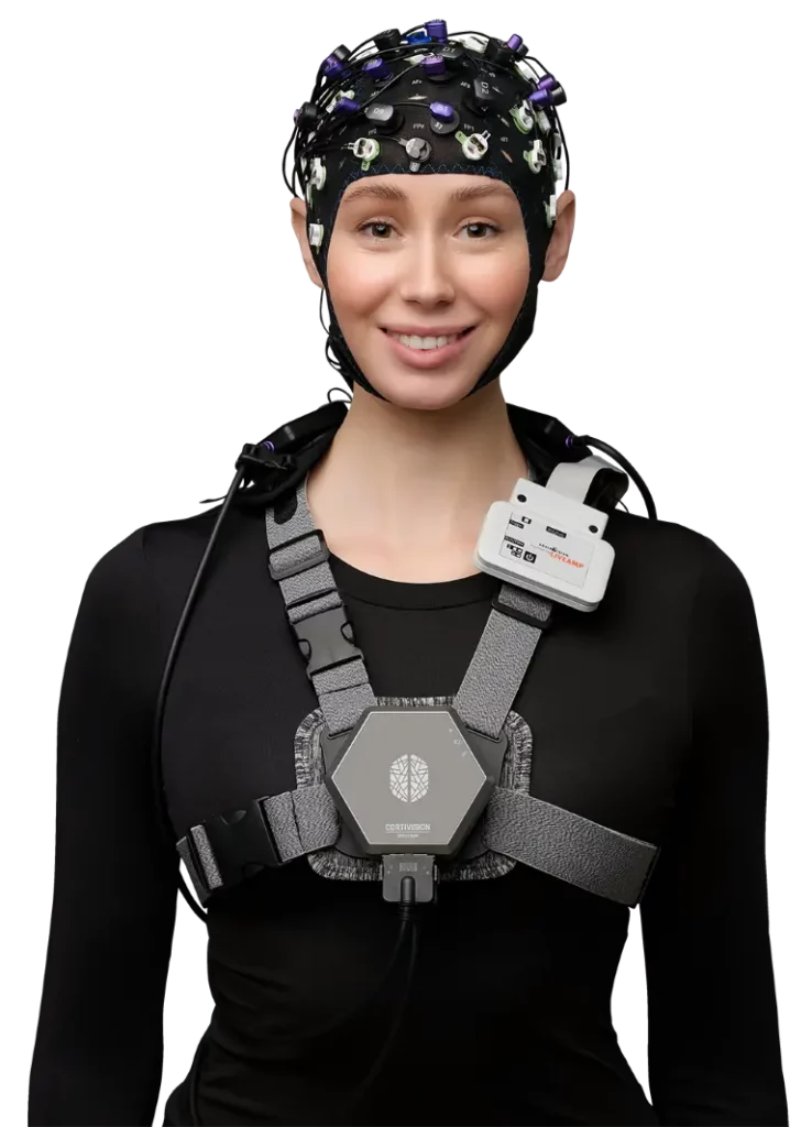 Participant wearing EEG cap and Cortivision Spectrum fNIRS system with chest-mounted unit