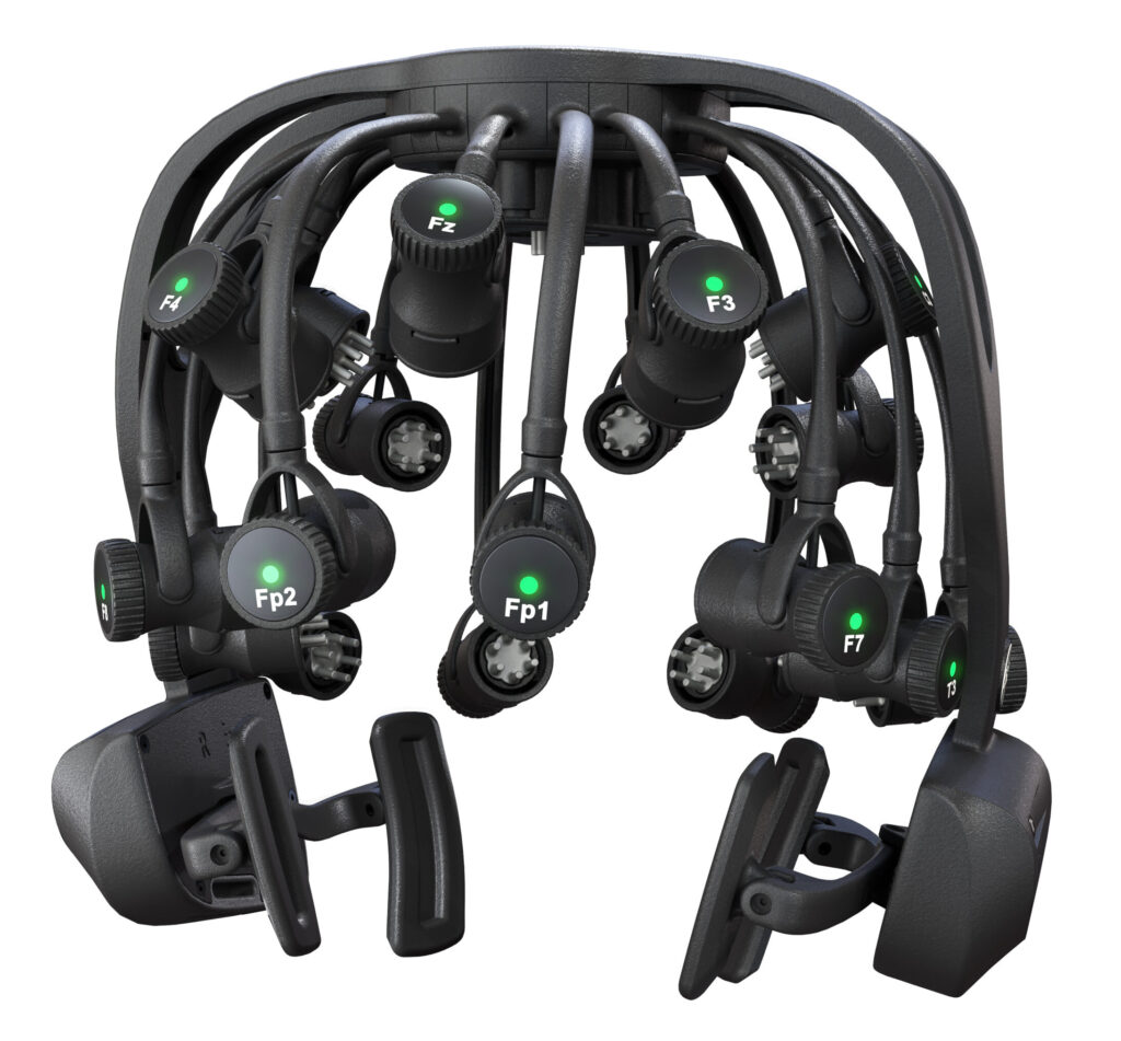 Front view of the Quick-20r EEG headset with labeled electrode positions