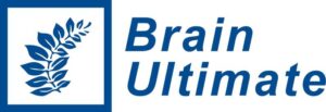 Brain Ultimate logo. On the left is a blue branch with leaves in square outline. On the right the words Brain Ultimate.