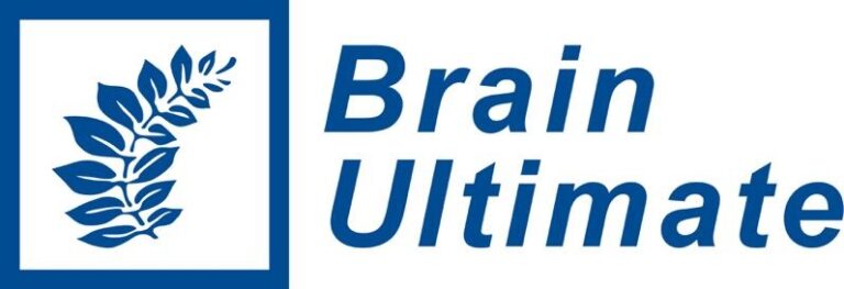 Brain Ultimate logo. On the left is a blue branch with leaves in square outline. On the right the words Brain Ultimate.