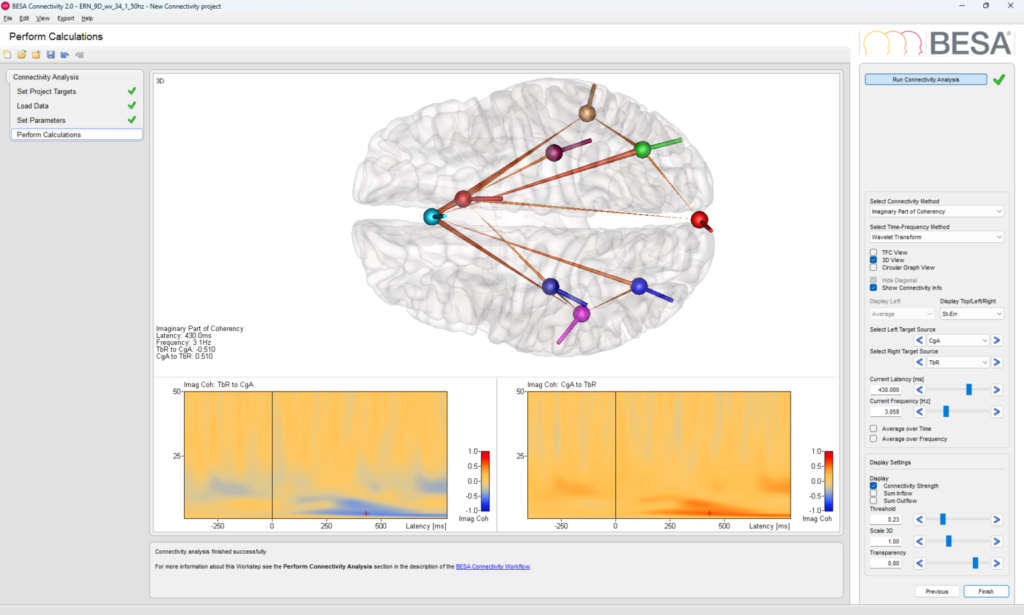 The BESA Connectivity software interface is a workflow-based GUI that walks you through the connectivity analysis of your choosing. Here you see the results of a Coherence analysis between multiple regional sources (source space, frequency anlaysis).