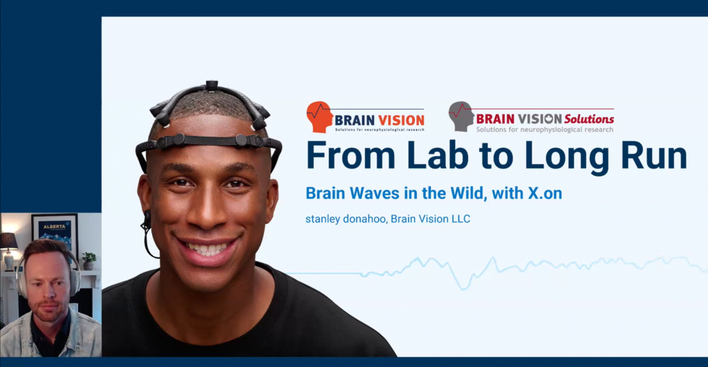 A webinar opening screen is depicted with the speaker in a small box at the bottom left and a first slide, depicting a man wearing the X.on saline-sponge EEG headset while smiling, taking up the rest of the screen.