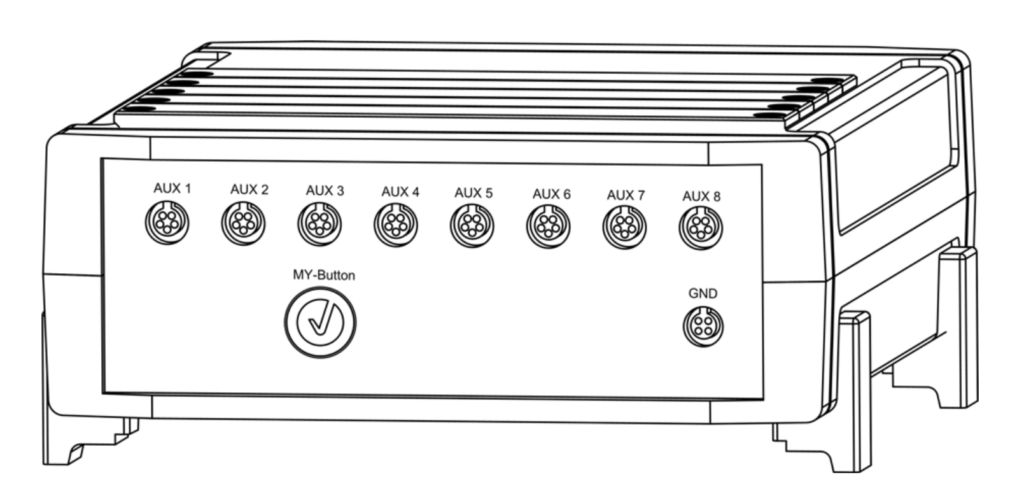 An actiCHamp Plus AUX is drawn by hand showing its front eight (8) AUX ports ready but no EEG channel modules installed.