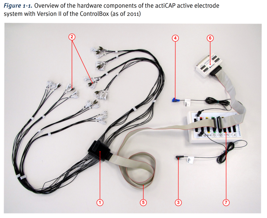 A Brain Products actiACP Classic electrode bundle is depicted plugged into an actiCAP ControlBox along with the ground (black) and reference (blue). The ouput port of the actiCAP ControlBox is connected via ribbon cable to an adapter here for use with a SynAmp.