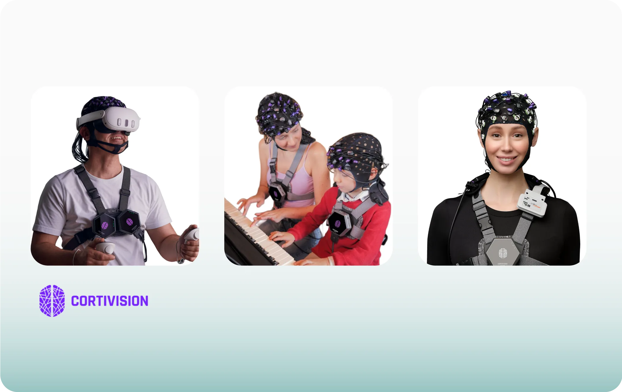 Cortivision wearable fNIRS headsets worn in VR, while playing piano, and at rest
